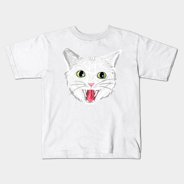 White cat hissing (green eyes) Kids T-Shirt by michelleachan